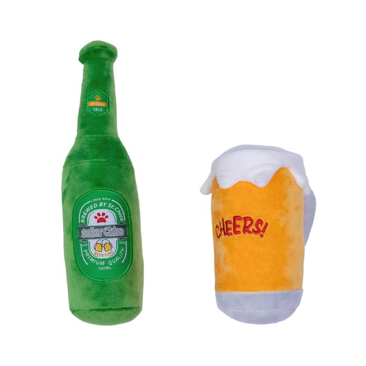 Juego de regalo de juguete de peluche para perros Beers and Cheers, juego de 2 piezas