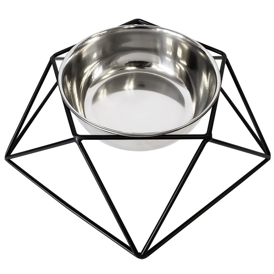 Comedero para perros geométrico negro hexagonal moderno con cuenco de acero inoxidable