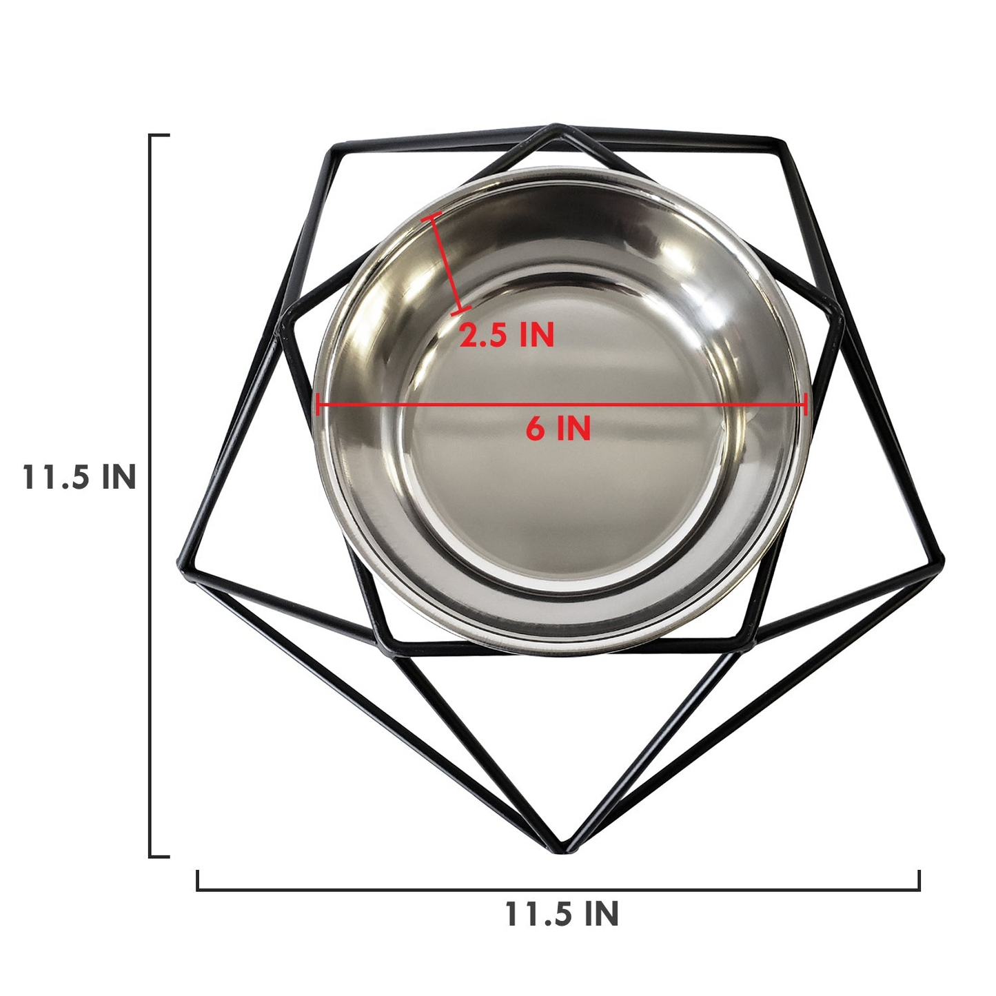 Comedero para perros geométrico negro hexagonal moderno con cuenco de acero inoxidable