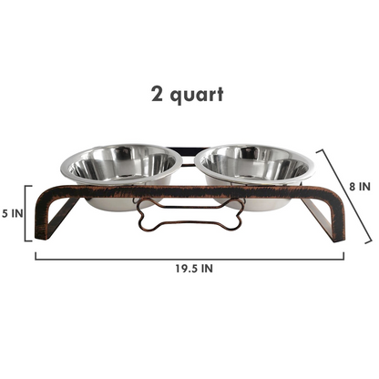 Elevated Rustic Design Dog Bone Feeder with 2 Stainless Steel Bowls