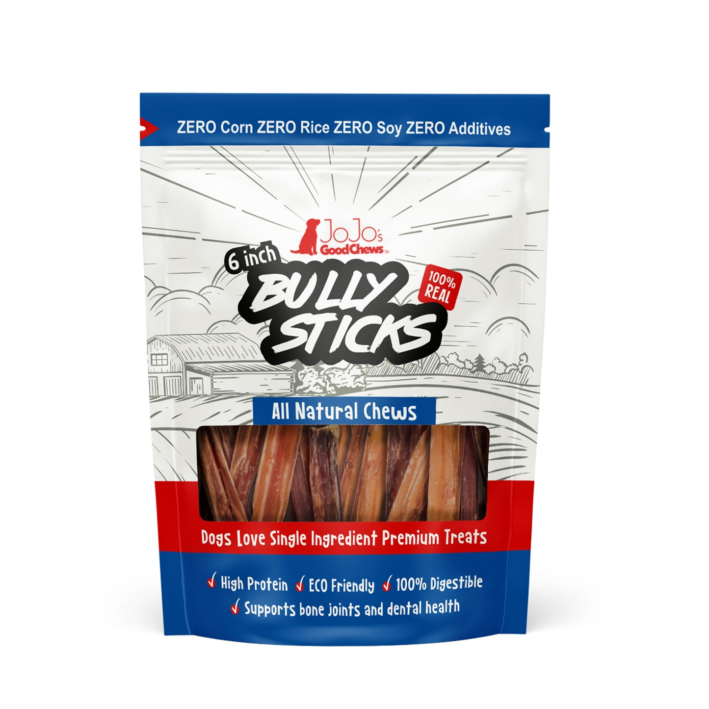 Golosinas para perros Bully Stick de carne de vacuno totalmente natural de primera calidad, estándar de 6" (paquete de 4)