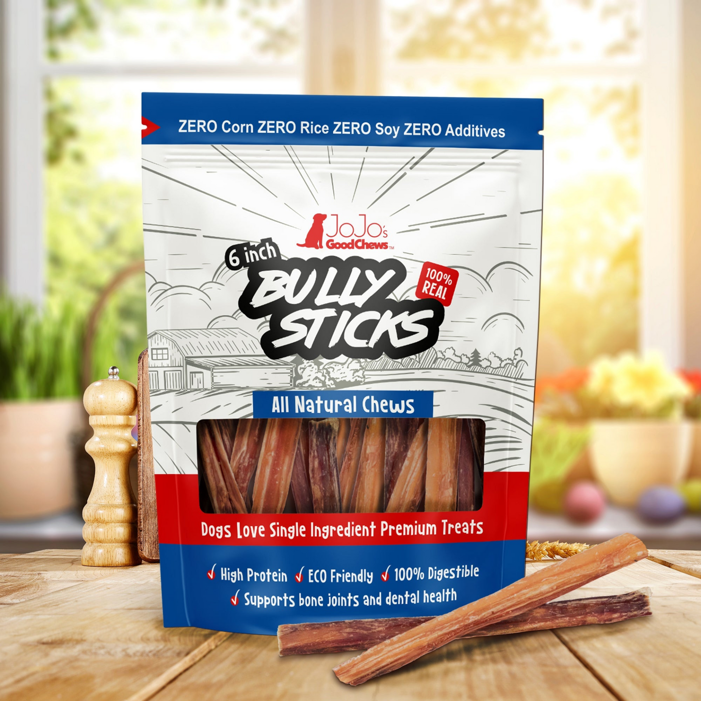 Premium All-Natural Beef Bully Stick Dog Treats - 6" Standard (4-Pack)