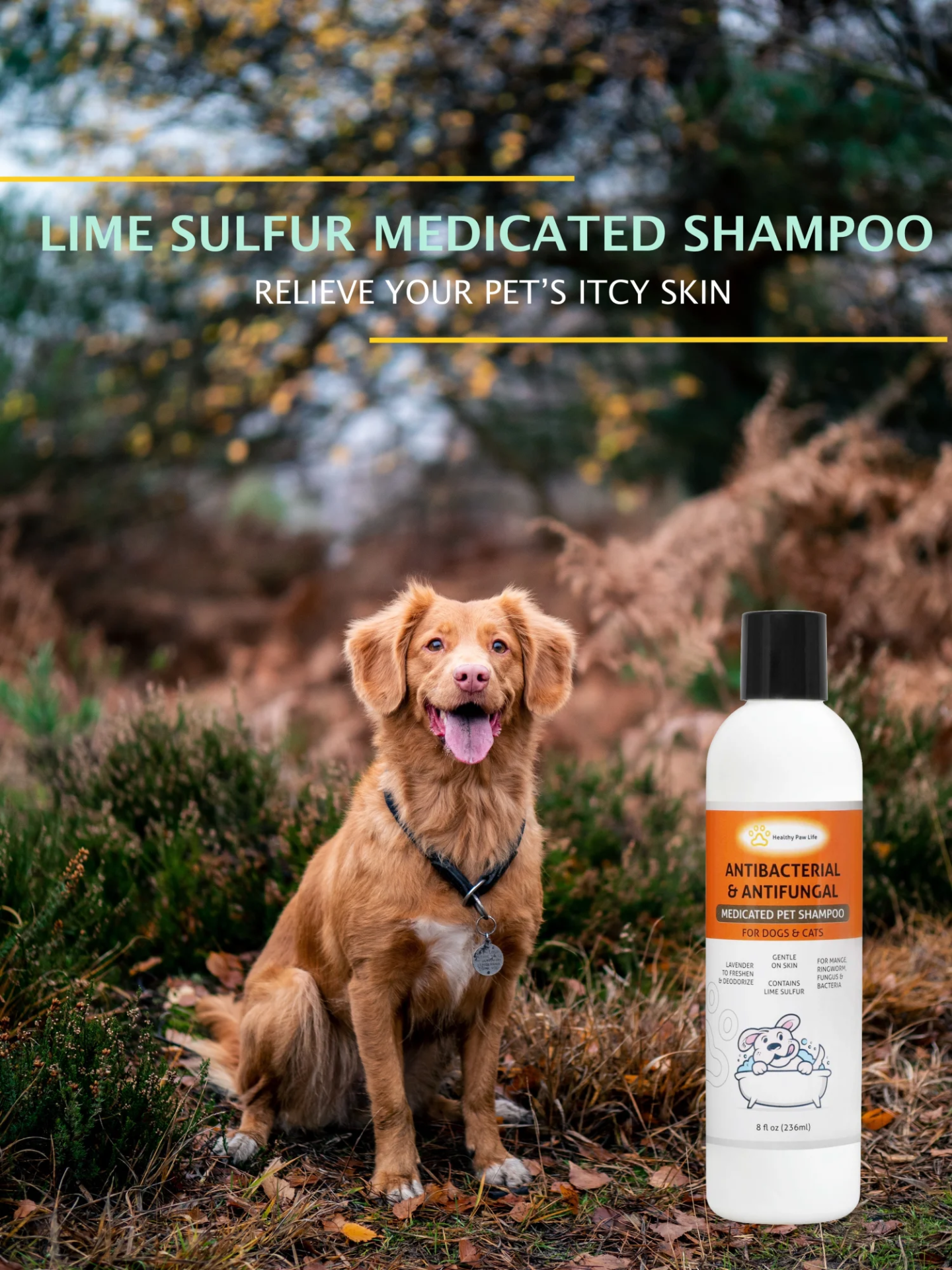 Champú para mascotas Healthy Paw Life Lime Sulphur - Fórmula medicada antifúngica y antibacteriana