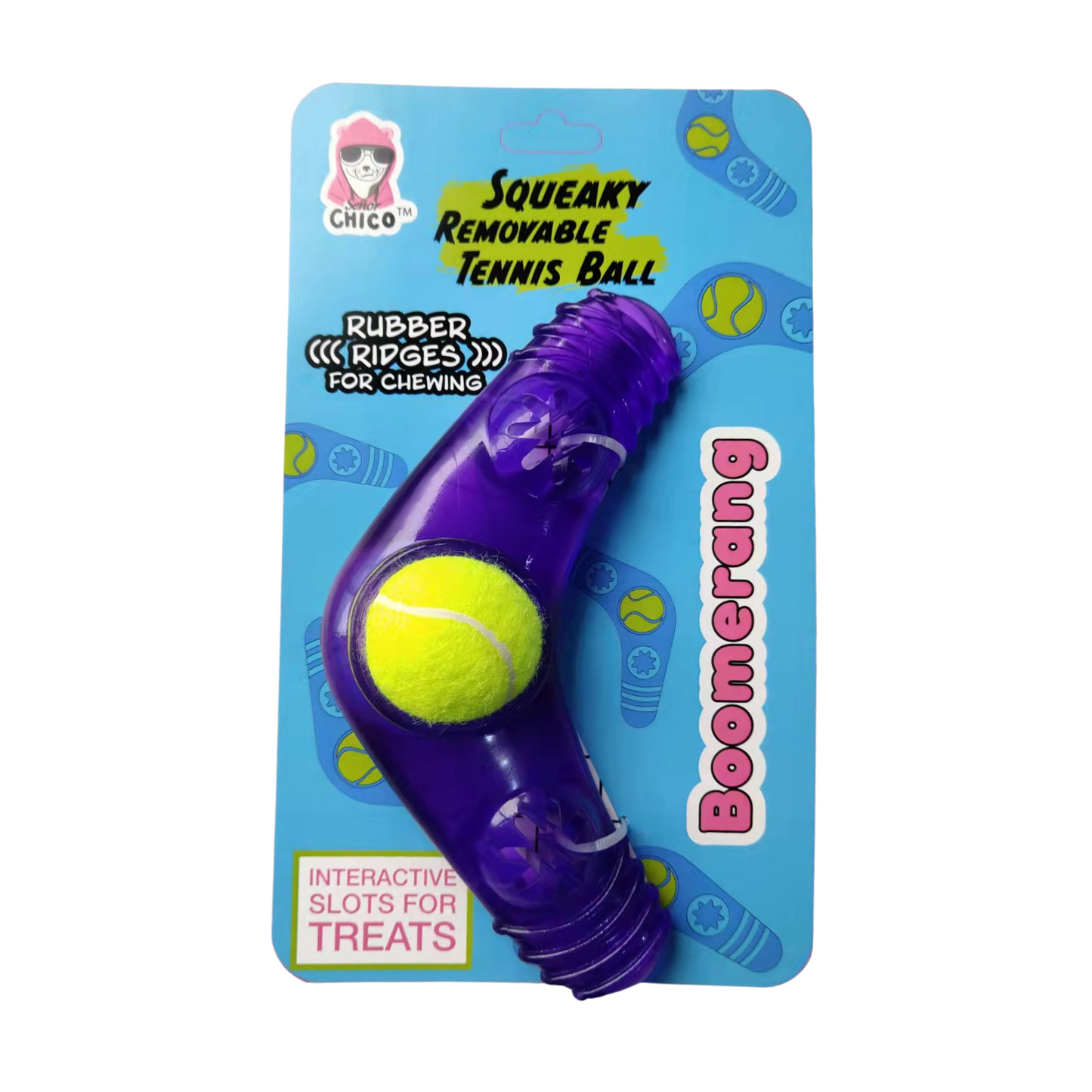 Boomerang con relleno de golosinas y chirriador con pelota de tenis 