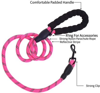 5 FT Thick Highly Reflective Dog Leash-Pink