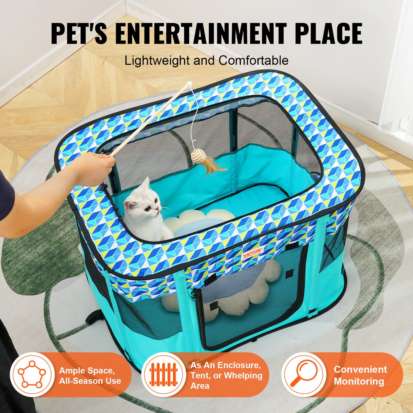 VEVOR Parque infantil plegable para mascotas: Parque infantil portátil de 32 x 24 x 22 pulgadas para perros, gatos y cachorros, tela Oxford 600D impermeable, cremallera extraíble, ideal para interiores, exteriores, viajes y camping (rectángulo pequeño)