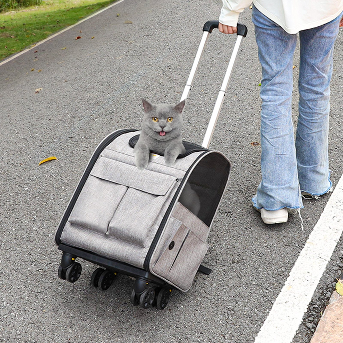 VEVOR Dog Carrier with Wheels, Rolling Pet Carrier with Telescopic Handle and Shoulder Strap, Dog Carrier with Wheels for Pets under 18 lbs, with 1 Folding Bowl, Grey