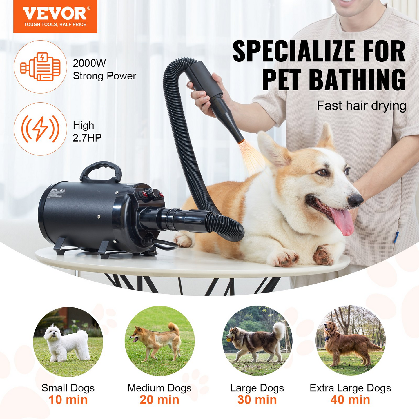 VEVOR Dog Dryer, 2000W/2.7HP Dog Blow Dryer, Pet Grooming Dryer with Adjustable Speed and Temperature Control, Pet Hair Dryer with 4 Nozzles and Extendable Hose, Black