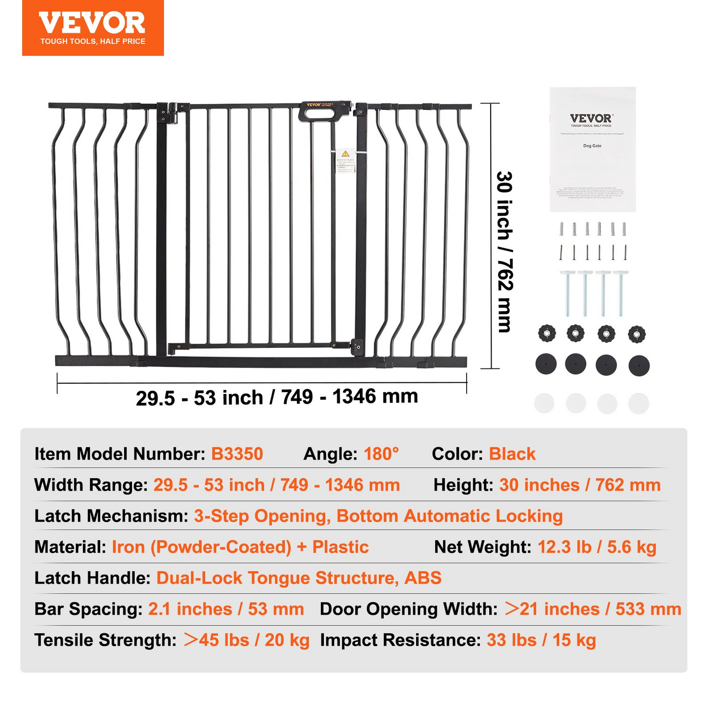 VEVOR Pet Gate, 29.5"-53" Extra Wide, 30" High, Dog Gate for Stairs Doorways and House, Easy Step Walk Thru Auto Close Child Gate Pet Security Gate with Pressure Mount Kit and Wall Mount Kit, Black