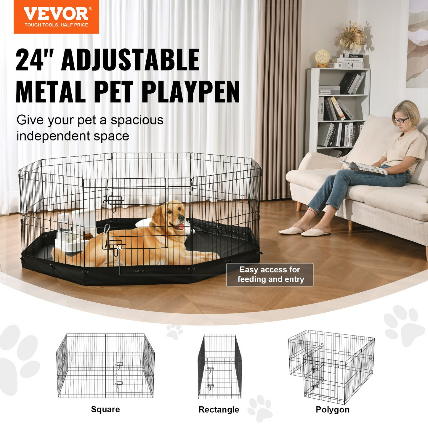 VEVOR Parque para Perros, 8 Paneles, Pluma de Ejercicio de Metal Plegable con Almohadilla Inferior, Valla para Mascotas de 24" de Altura, Jaula para Cachorros