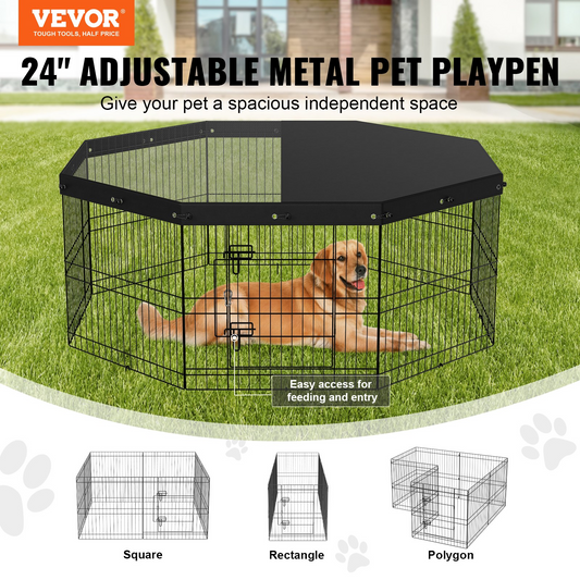 VEVOR Parque para perros, 8 paneles plegable de metal con cubierta superior, cerca para mascotas de 24 pulgadas de altura, jaula para cachorros