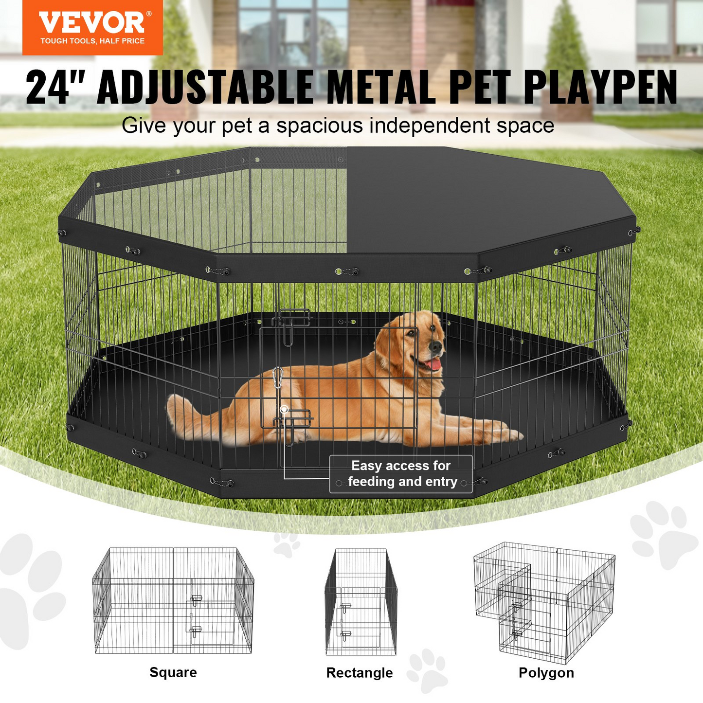 VEVOR Parque para perros, 8 paneles, bolígrafo de ejercicio de metal plegable con cubierta superior y almohadilla inferior, cerca para mascotas de 24 pulgadas de altura, caseta para cachorros