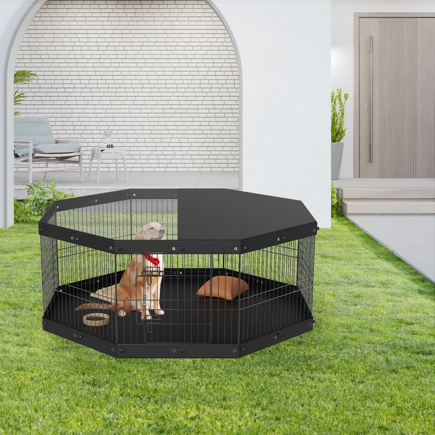 VEVOR Dog Playpen, 8 Panels Foldable Metal Dog Exercise Pen with Top Cover and Bottom Pad, 24" H Pet Fence Puppy Crate Kennel, Indoor Outdoor Dog Pen for Small Medium Pets, for Camping, Yard