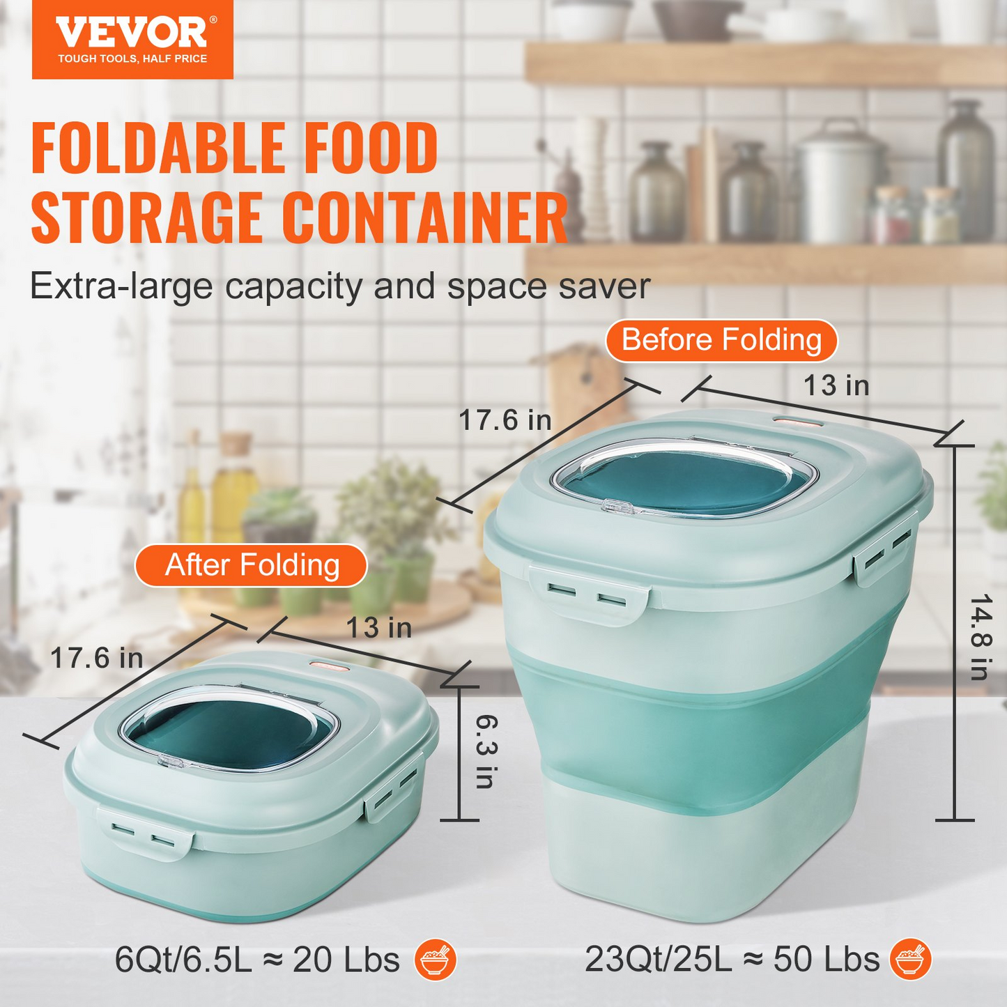 VEVOR Collapsible Dog Food Storage Container, 50 lbs Capacity Large Dispenser Bin with Attachable Casters, Airtight Lid Kitchen Rice Cereal Flour Bin, Pet food Containers For Cat, Bird, Other Pet Food