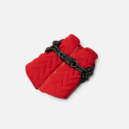 Quilted Dog Jacket With Built-In Harness - Red | All-Weather, Adjustable, Easy On and Off