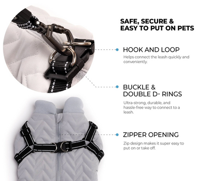 Quilted Dog Jacket With Built-In Harness - Grey