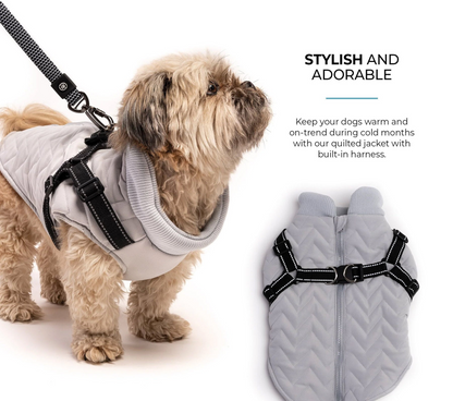 Quilted Dog Jacket With Built-In Harness - Grey