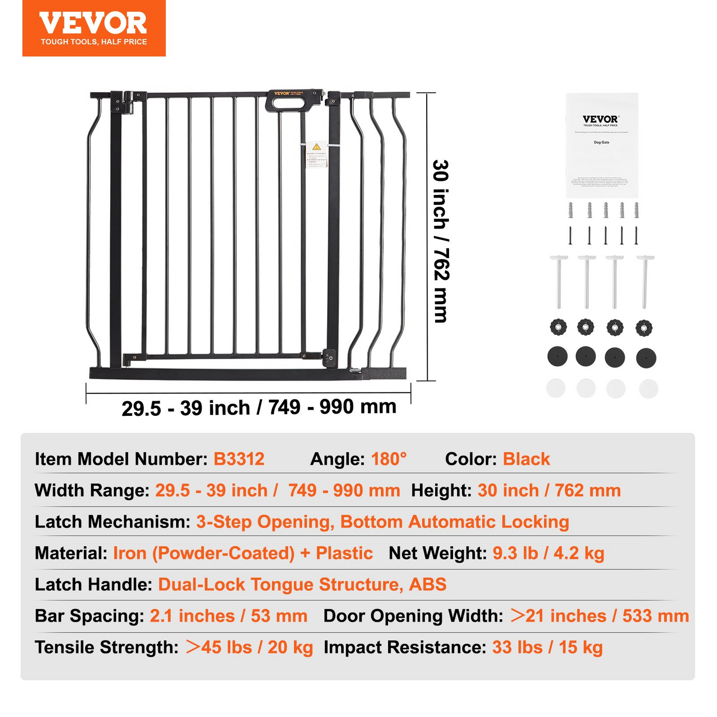 VEVOR Pet Gate, 29.5"-39" Extra Wide, 30" High, Dog Gate for Stairs Doorways and House, Easy Step Walk Thru Auto Close Child Gate Pet Security Gate with Pressure Mount Kit and Wall Mount Kit, Black