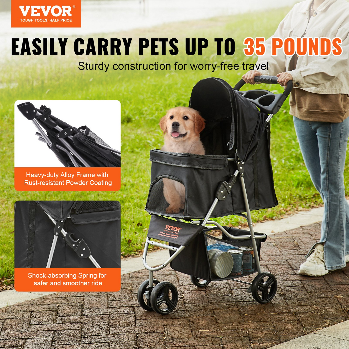 VEVOR Pet Stroller, 3 Wheels Dog Stroller Rotate with Brakes, 35lbs Weight Capacity, Puppy Stroller with Front Pedal, Velcro, Storage Basket and Cup Holder, for Dogs and Cats Travel, Black