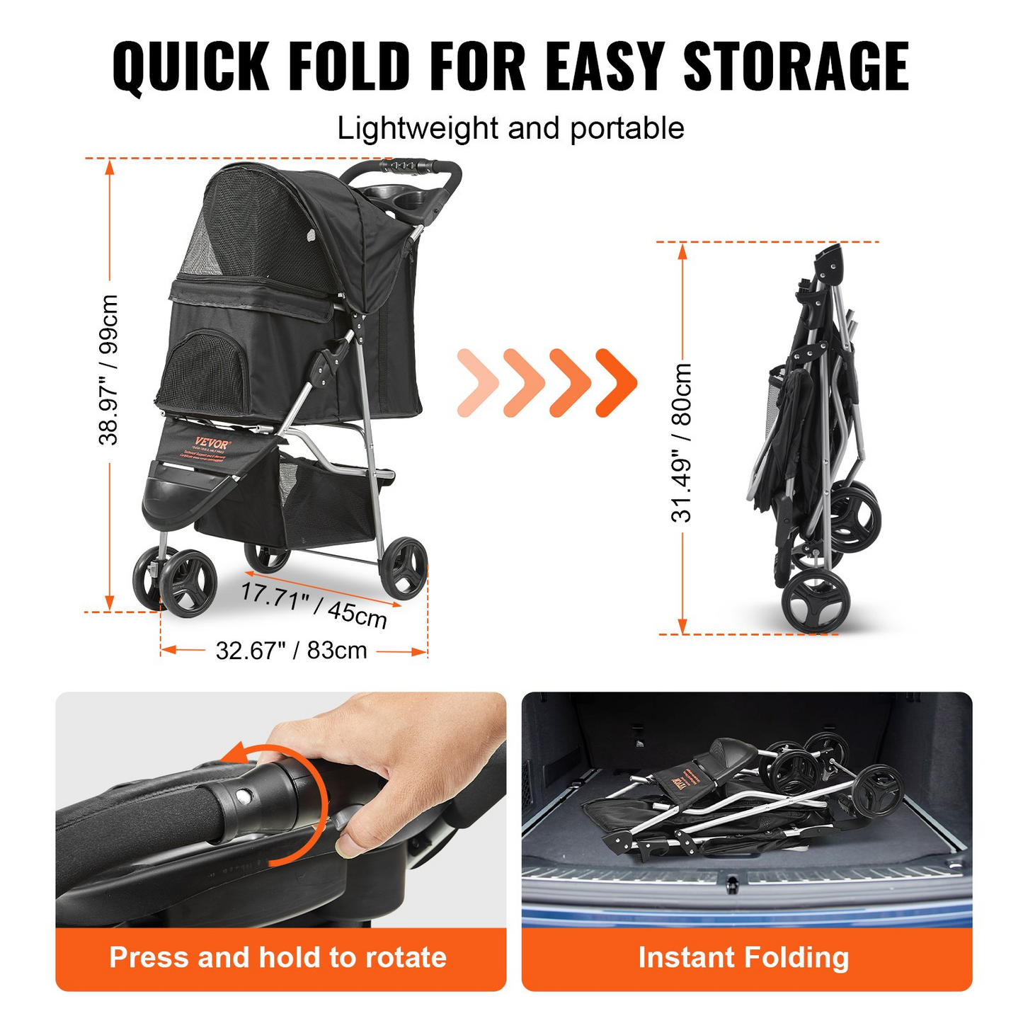 VEVOR Pet Stroller, 3 Wheels Dog Stroller Rotate with Brakes, 35lbs Weight Capacity, Puppy Stroller with Front Pedal, Velcro, Storage Basket and Cup Holder, for Dogs and Cats Travel, Black