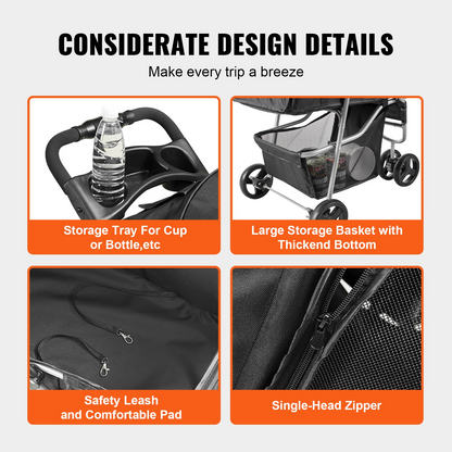 VEVOR Pet Stroller, 3 Wheels Dog Stroller Rotate with Brakes, 35lbs Weight Capacity, Puppy Stroller with Front Pedal, Velcro, Storage Basket and Cup Holder, for Dogs and Cats Travel, Black