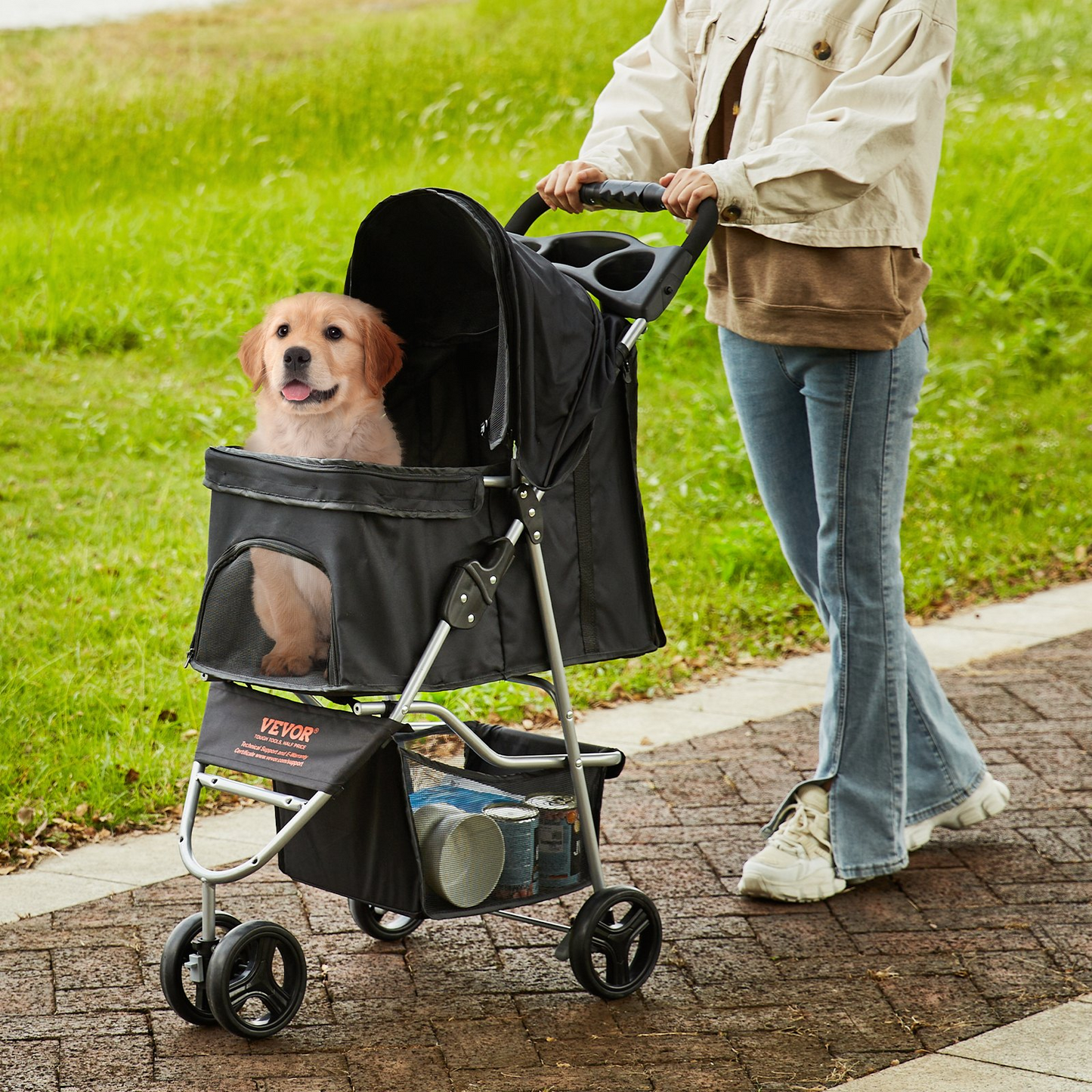 VEVOR Pet Stroller, 3 Wheels Dog Stroller Rotate with Brakes, 35lbs Weight Capacity, Puppy Stroller with Front Pedal, Velcro, Storage Basket and Cup Holder, for Dogs and Cats Travel, Black