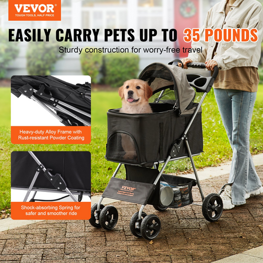 VEVOR Cochecito para perros: diseño de 4 ruedas con frenos, capacidad de peso de 35 libras, transportador desmontable, cesta de almacenamiento y portavasos, ideal para viajes de perros y gatos, negro+gris oscuro