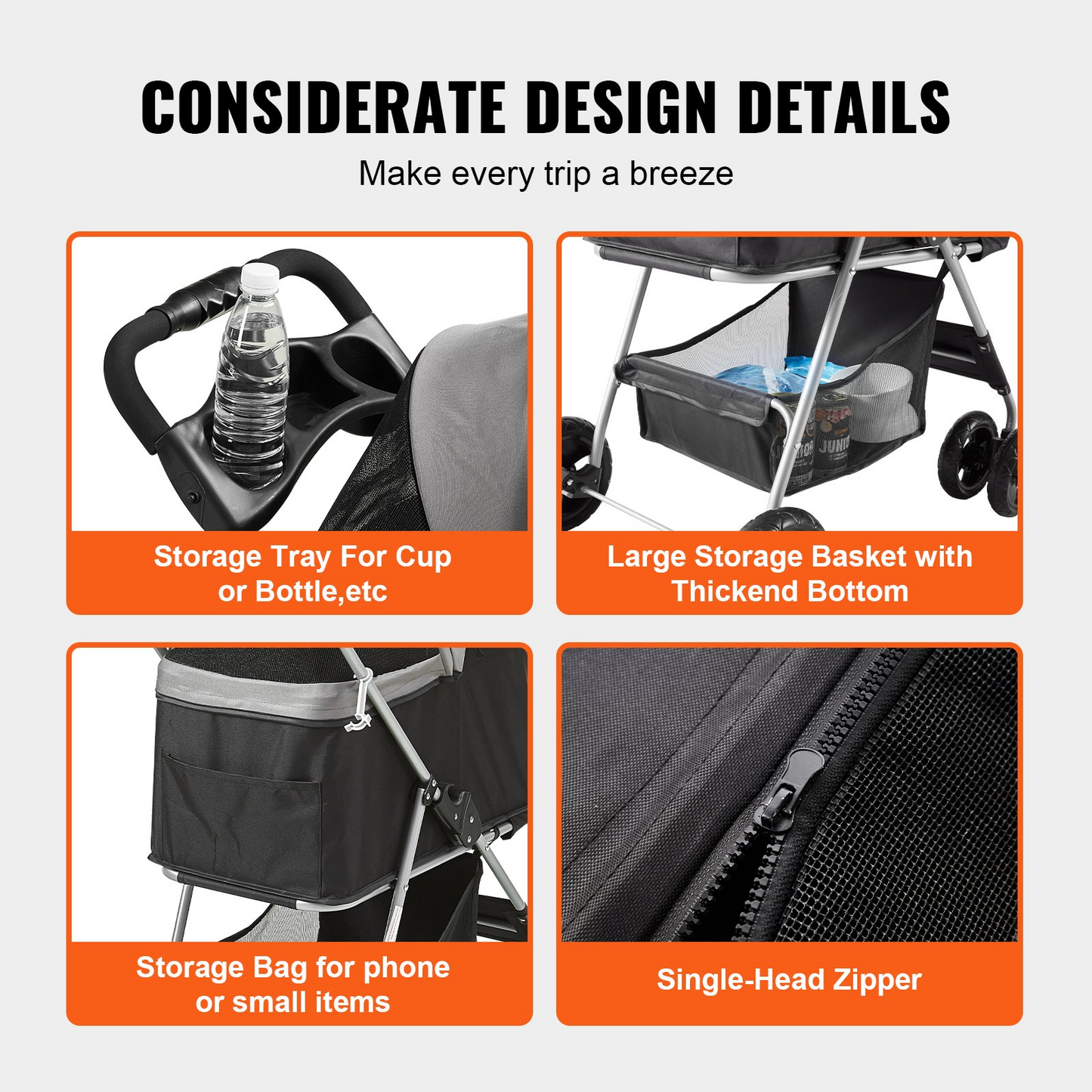 VEVOR Pet Stroller, 4 Wheels Dog Stroller Rotate with Brakes, 35lbs Weight Capacity, Puppy Stroller with Detachable Carrier, Storage Basket and Cup Holder, for Dogs and Cats Travel, Black+Dark Grey