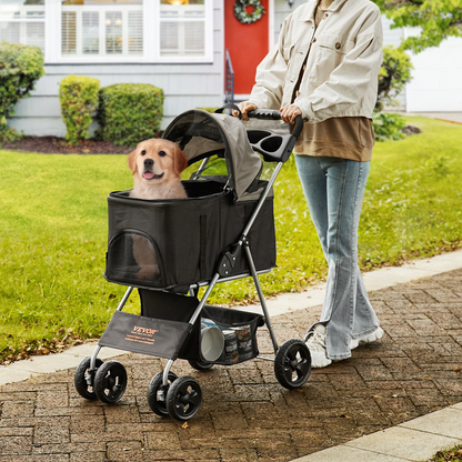 VEVOR Cochecito para perros: diseño de 4 ruedas con frenos, capacidad de peso de 35 libras, transportador desmontable, cesta de almacenamiento y portavasos, ideal para viajes de perros y gatos, negro+gris oscuro