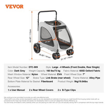 VEVOR Pet Stroller, 4 Wheels Dog Stroller Rotate with Brakes, 160lbs Weight Capacity, Puppy Stroller with Breathable Mesh Windows and Height-Adjustable Height, for Medium and Large Dogs, Dark Grey