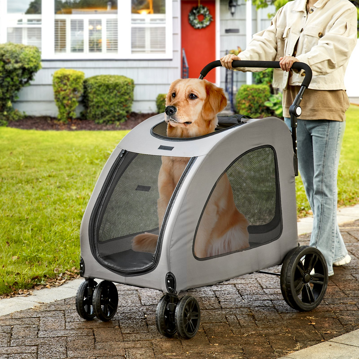 VEVOR Pet Stroller, 4 Wheels Dog Stroller Rotate with Brakes, 160lbs Weight Capacity, Puppy Stroller with Breathable Mesh Windows and Height-Adjustable Height, for Medium and Large Dogs, Dark Grey