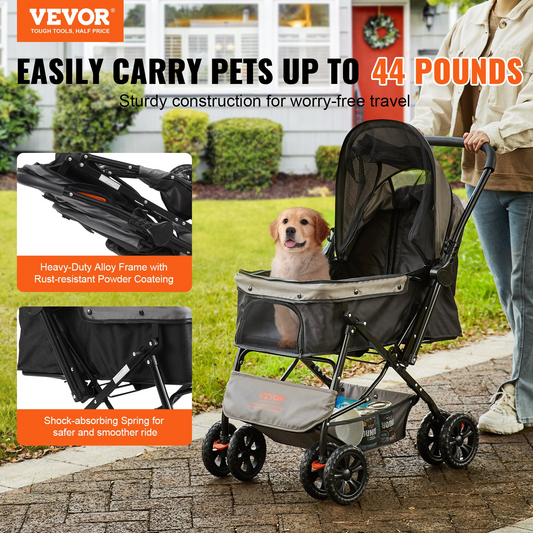 VEVOR Cochecito para mascotas: Cochecito para perros de 4 ruedas con frenos, capacidad de peso de 44 libras, manillar reversible, cesta de almacenamiento y cremallera para viajes de perros y gatos, negro+gris