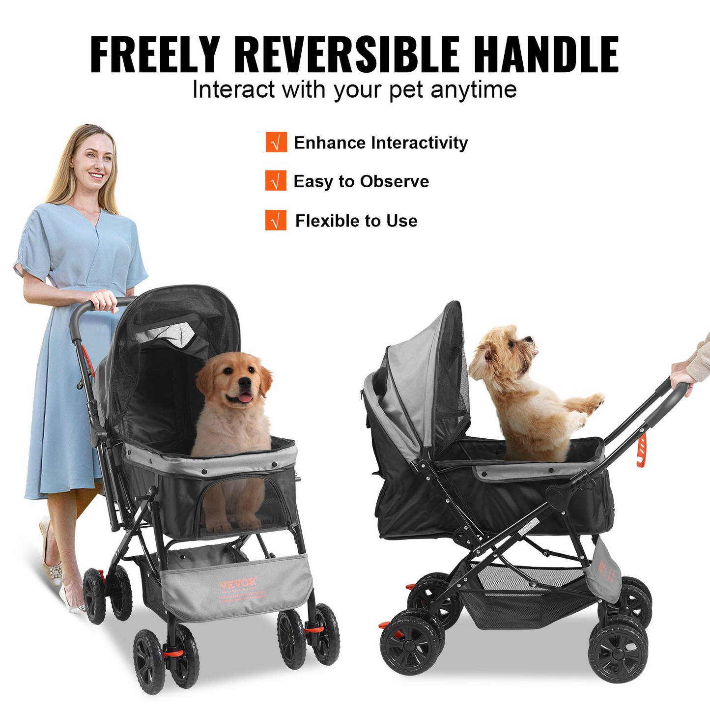 VEVOR Cochecito para mascotas: Cochecito para perros de 4 ruedas con frenos, capacidad de peso de 44 libras, manillar reversible, cesta de almacenamiento y cremallera para viajes de perros y gatos, negro+gris