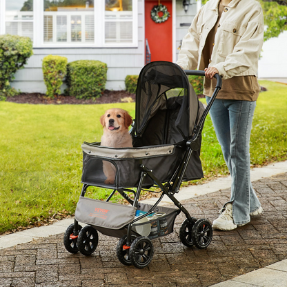 VEVOR Pet Stroller, 4 Wheels Dog Stroller Rotate with Brakes, 44lbs Weight Capacity, Puppy Stroller with Reversible Handlebar, Storage Basket and Zipper, for Dogs and Cats Travel, Black+Grey