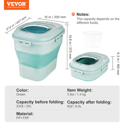 VEVOR Contenedor plegable para almacenamiento de alimentos para perros, capacidad de 50 libras, tapa transparente, verde