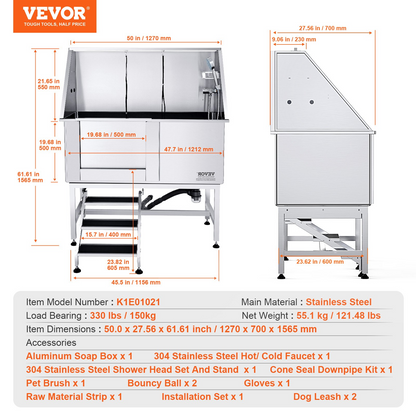 VEVOR Estación de aseo para perros de 50 pulgadas con escaleras: bañera de acero inoxidable, caja de jabón, grifo, accesorios ricos - Ideal para mascotas grandes, medianas y pequeñas - Fregadero de baño para mascotas en casa