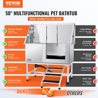 VEVOR Estación de baño para perros de 50 pulgadas con escaleras, bañera profesional de acero inoxidable para el cuidado de perros con caja de jabón, grifo, accesorios ricos