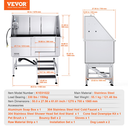 VEVOR 50" Pet Dog Bathing Station w/Stairs, Professional Stainless Steel Dog Grooming Tub w/ Soap Box, Faucet,Rich Accessory, Dog Bathtub for Large,Medium,Small Pets, Washing Sink for Home Right