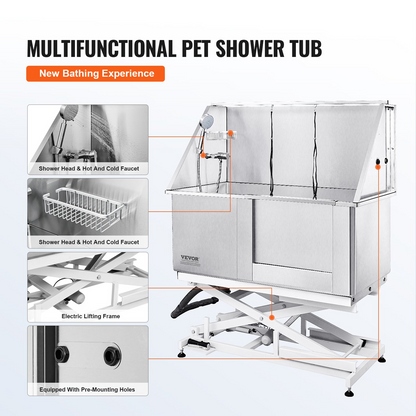 VEVOR 50" Pet Dog Bathing Station Electric Height Adjustment, Professional Stainless Steel Dog Grooming Tub w/ Soap Box, Faucet,Rich Accessory,Bathtub for Multiple Pets, Washing Sink for Home(Right)