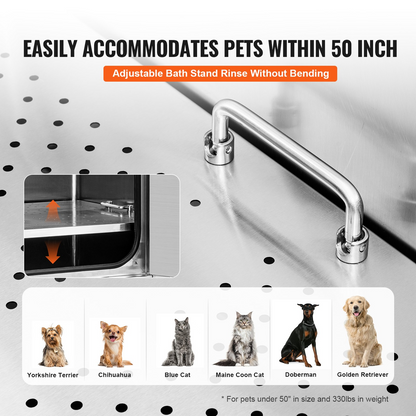 VEVOR Estación de aseo para perros de 50 pulgadas con rampa: bañera de acero inoxidable, caja de jabón, grifo, accesorios ricos - Ideal para perros grandes, medianos y pequeños - Fregadero de baño para mascotas en casa (izquierda)