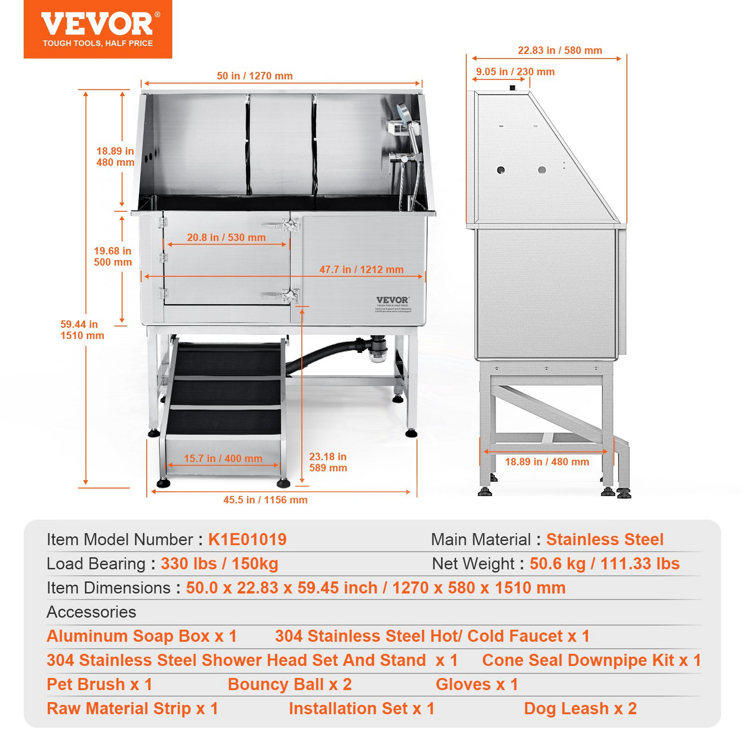 VEVOR Estación de aseo para perros de 50 pulgadas con rampa: bañera de acero inoxidable, caja de jabón, grifo, accesorios ricos - Ideal para perros grandes, medianos y pequeños - Fregadero de baño para mascotas en casa (izquierda)