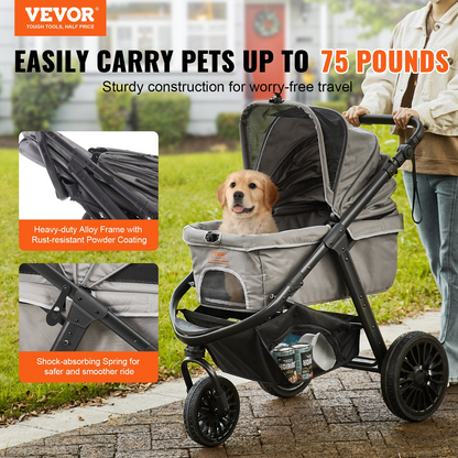 VEVOR Pet Stroller, 3 PU Wheels Dog Stroller Rotate with Brakes, 75 lbs Weight Capacity, Puppy Stroller with Pet Pad, Storage Basket and External Cup Holder, for Small to Medium Sized Dogs, Grey