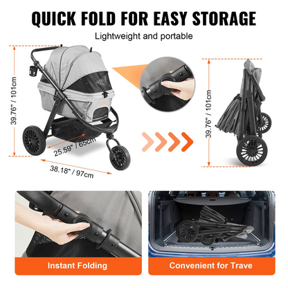 VEVOR Pet Stroller, 3 PU Wheels Dog Stroller Rotate with Brakes, 75 lbs Weight Capacity, Puppy Stroller with Pet Pad, Storage Basket and External Cup Holder, for Small to Medium Sized Dogs, Grey