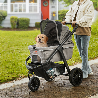 VEVOR Cochecito para mascotas con 3 ruedas de PU – Cochecito para perros gris con frenos giratorios, capacidad de peso de 75 libras, incluye almohadilla para mascotas, cesta de almacenamiento y portavasos externo, adecuado para perros pequeños a medianos