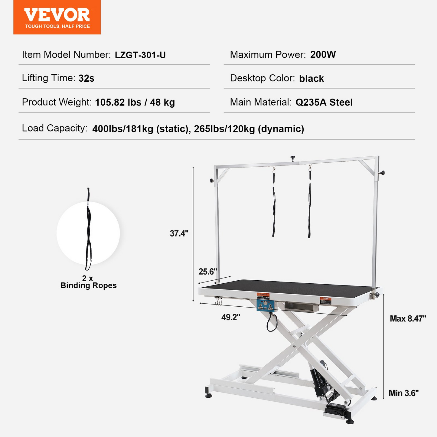 VEVOR Mesa eléctrica de aseo para mascotas de 50 pulgadas para perros grandes, altura ajustable con brazo de aseo resistente