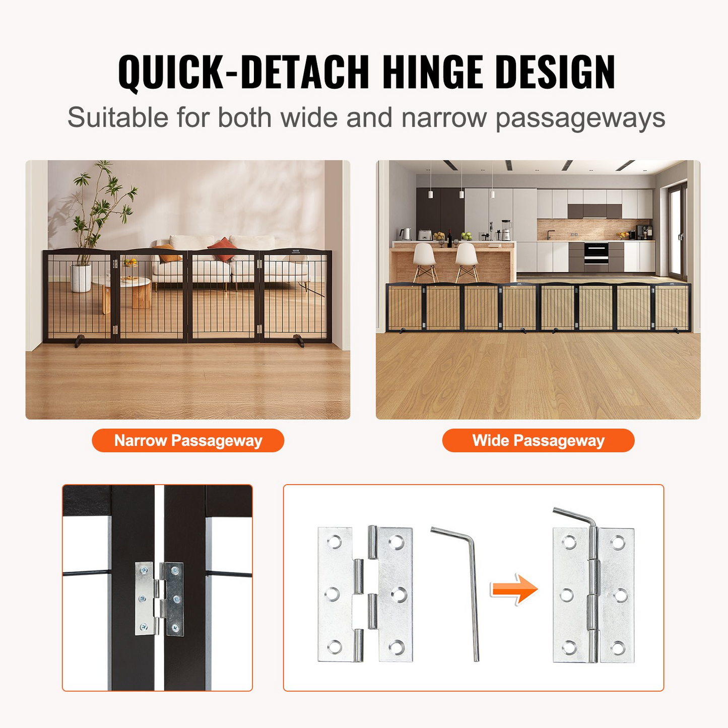 VEVOR Free Standing Dog Gate, 32" H x 96.5" W Freestanding Pet Gate, 4 Panels Foldable Dog Gate for Wide and Narrow Passageways, Expandable Dog Barrier with Silent Foot Support for Indoor, Brown