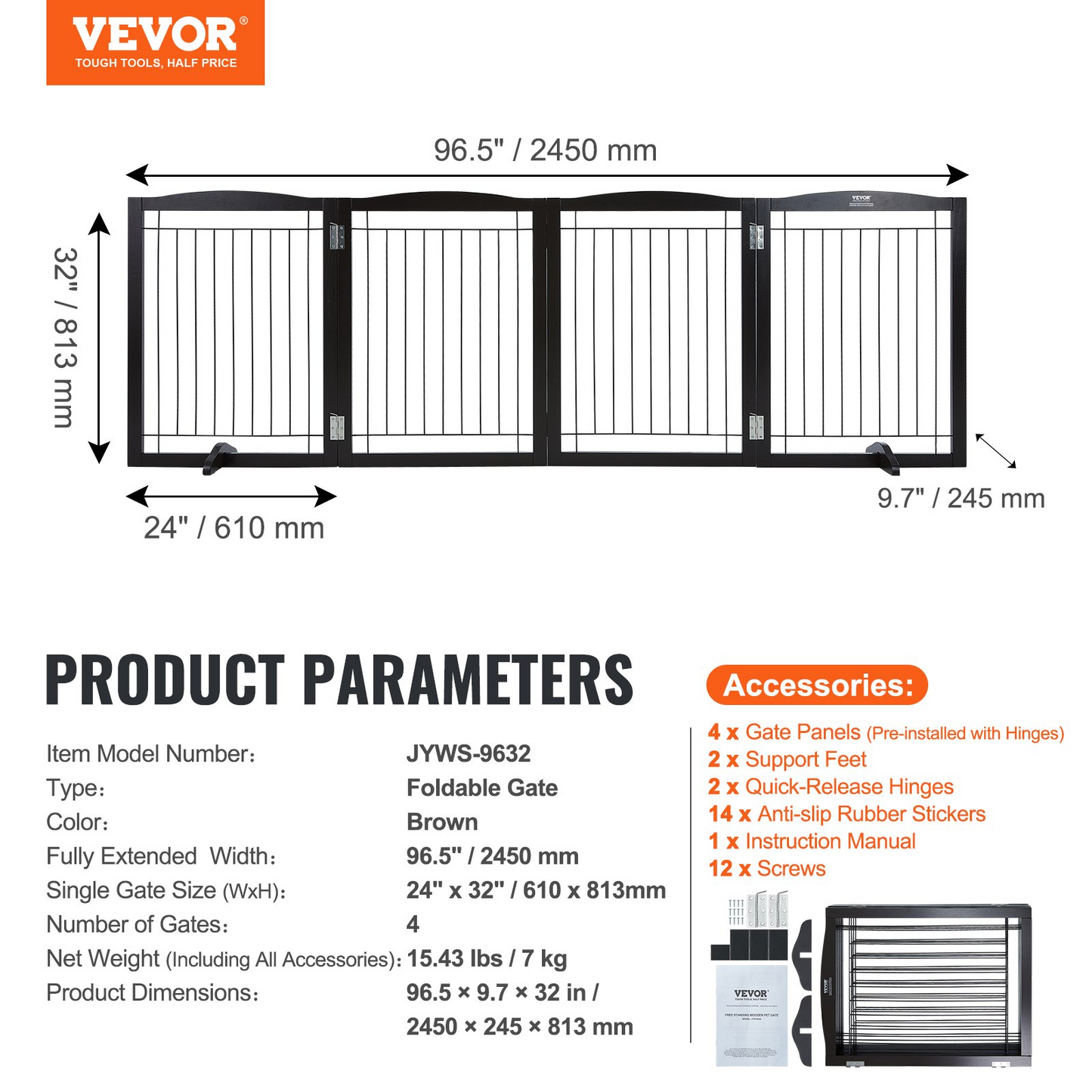 VEVOR Free Standing Dog Gate, 32" H x 96.5" W Freestanding Pet Gate, 4 Panels Foldable Dog Gate for Wide and Narrow Passageways, Expandable Dog Barrier with Silent Foot Support for Indoor, Brown