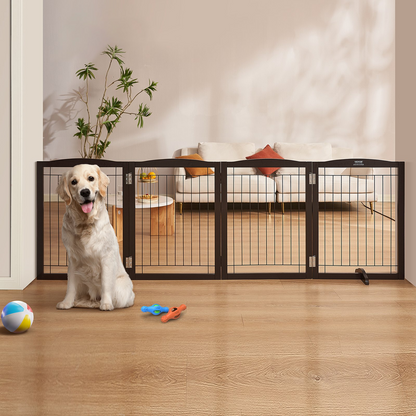 VEVOR Puerta independiente para perros: 32 pulgadas de alto x 96,5 pulgadas de ancho, barrera expandible para mascotas con 4 paneles plegables, ideal para pasillos anchos y estrechos, soporte silencioso para pies, uso en interiores en marrón