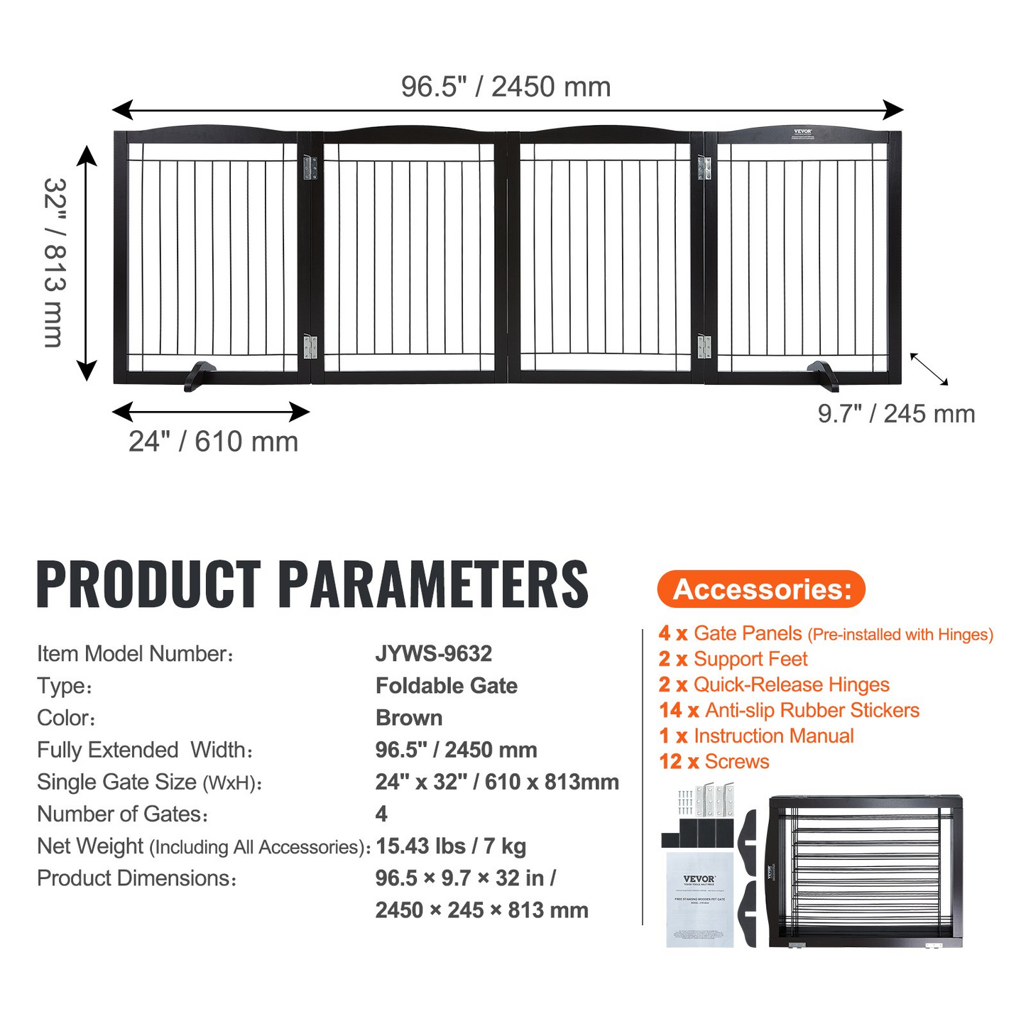 VEVOR Free Standing Dog Gate, 32" H x 96.5" W Freestanding Pet Gate, 4 Panels Foldable Dog Gate for Wide and Narrow Passageways, Expandable Dog Barrier with Silent Foot Support for Indoor, Brown