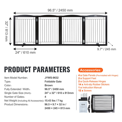 VEVOR Puerta independiente para perros: 32 pulgadas de alto x 96,5 pulgadas de ancho, barrera expandible para mascotas con 4 paneles plegables, ideal para pasillos anchos y estrechos, soporte silencioso para pies, uso en interiores en marrón